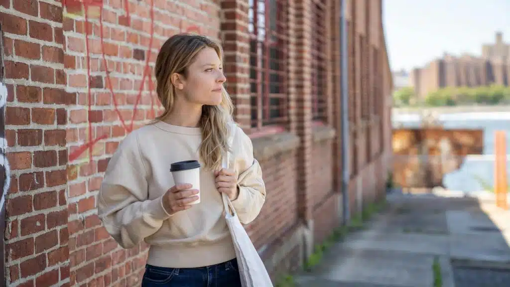 A woman holding a coffee cup and tote bag walks beside a brick building near the water.