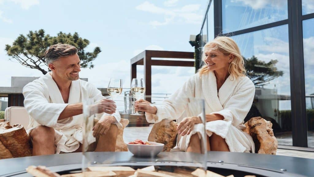 A couple having champagne together