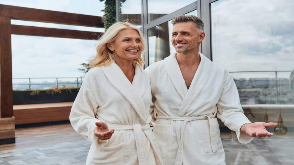 A couple at a hotel staycation