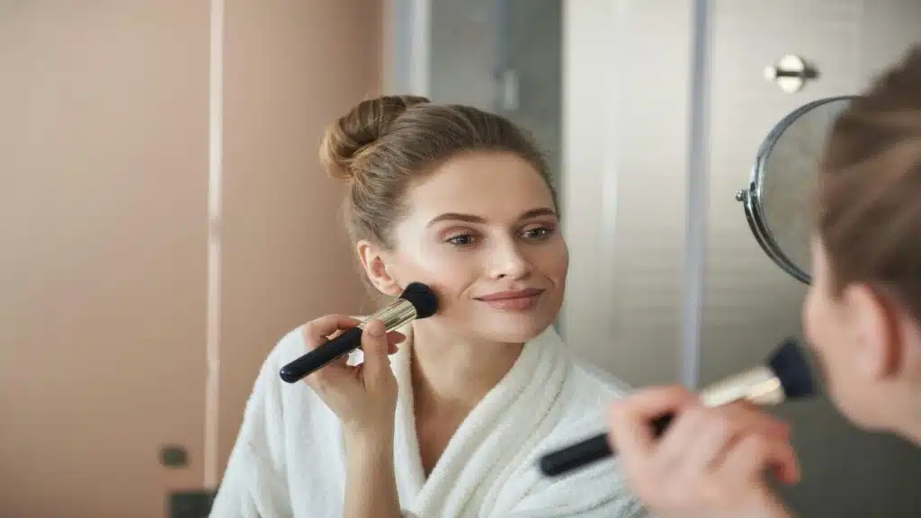 A woman putting on makeup