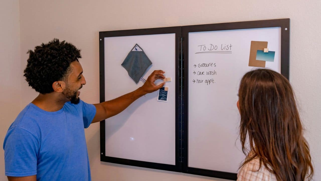 A man in a blue shirt points to a white magnetic board with a To Do List.