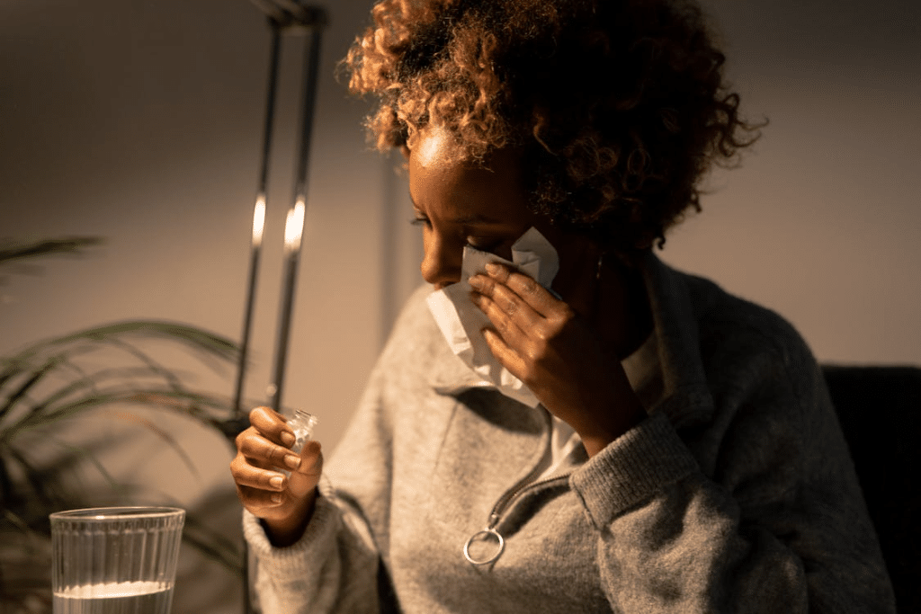A woman wiping her tears