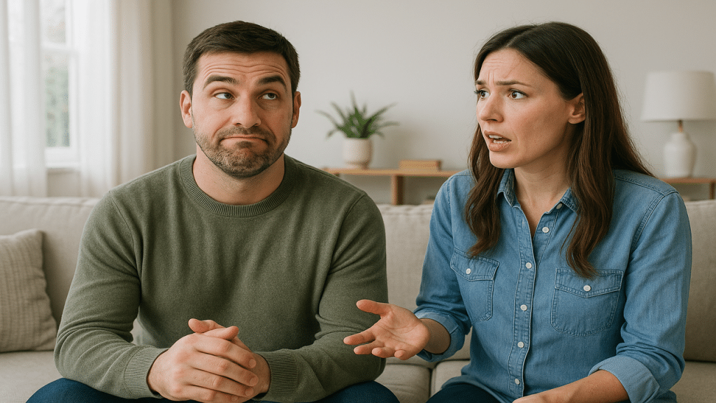 A man making a sarcastic face while his wife tries to talk to him