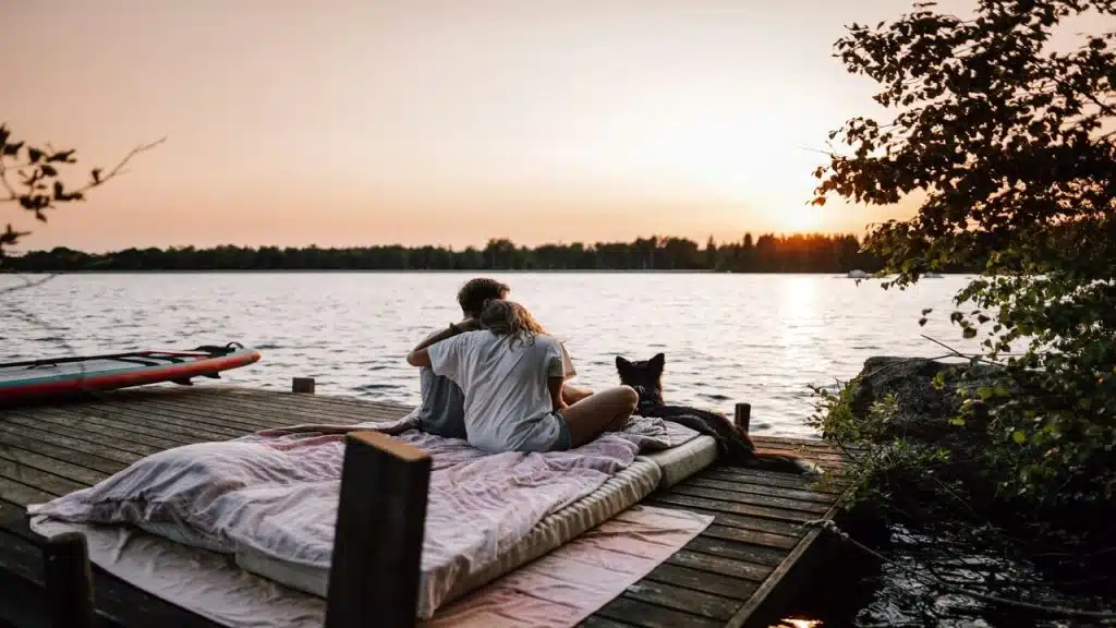 A couple at a dock looking at a body of water
