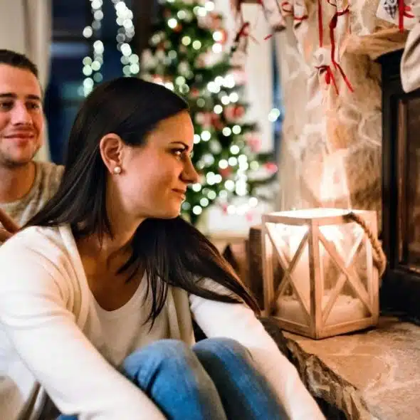 A couple sits by a fireplace at Christmas; the man holds a present.