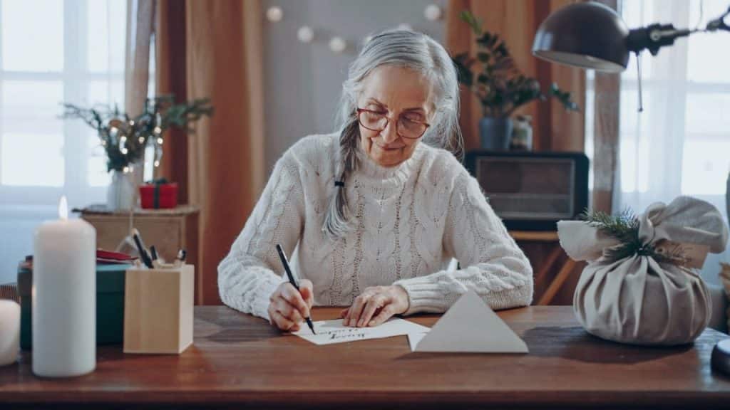 An elderly woman in a white sweater writes a card at a Christmas-decorated desk.