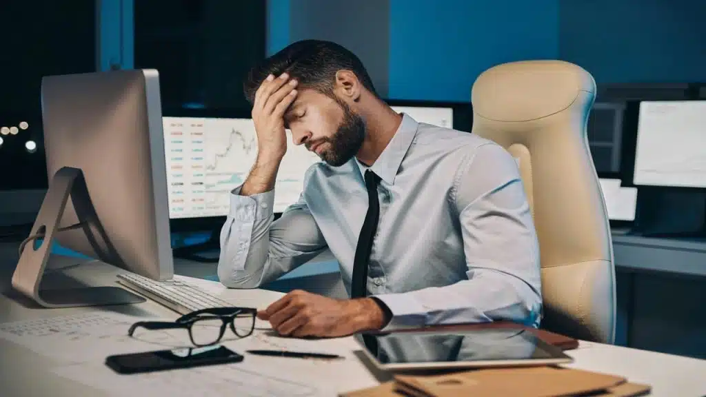A man looking stressed at work