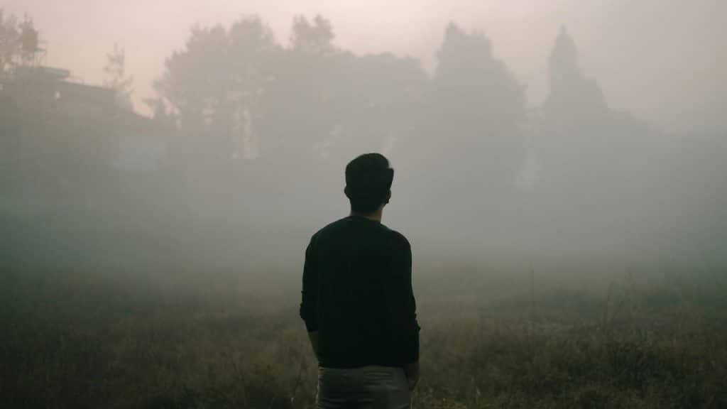 Man in black shirt and light pants stands in field, facing away, on a very foggy day.