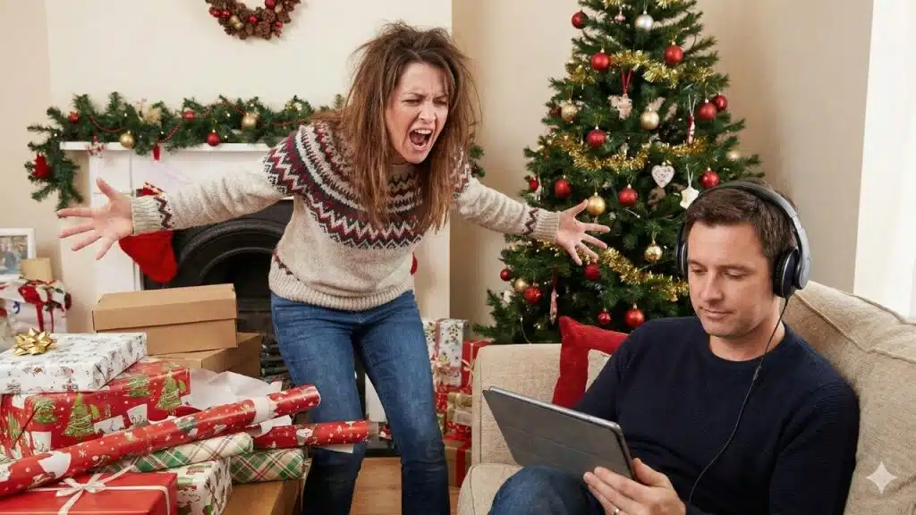 Stressed woman screams at man with headphones and tablet in Christmas room.
