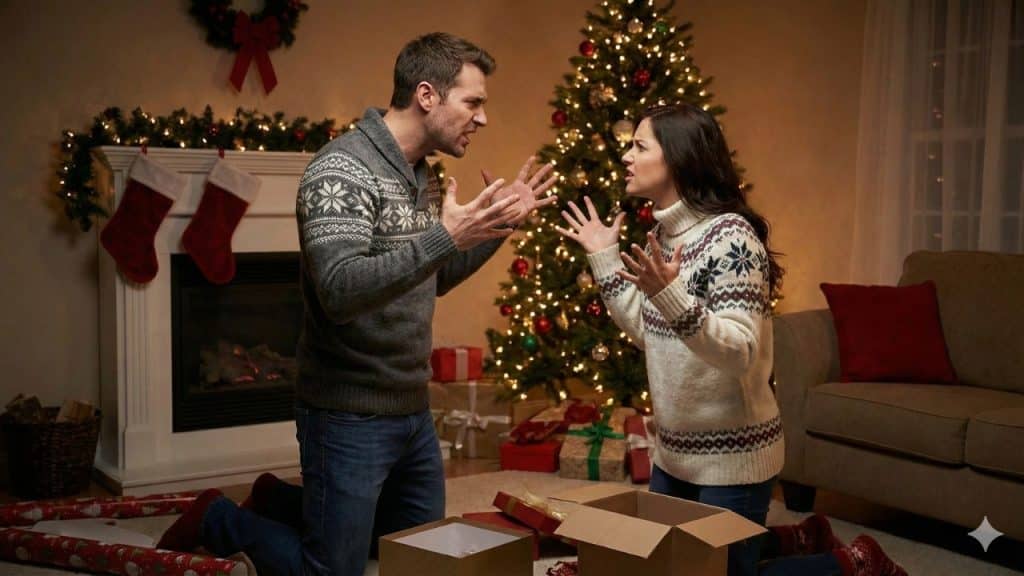 Man and woman in Fair Isle sweaters argue heatedly in front of a decorated Christmas tree.