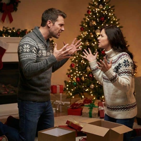 Man and woman in Fair Isle sweaters argue heatedly in front of a decorated Christmas tree.