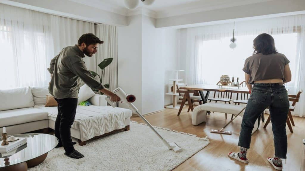 A couple cleaning together