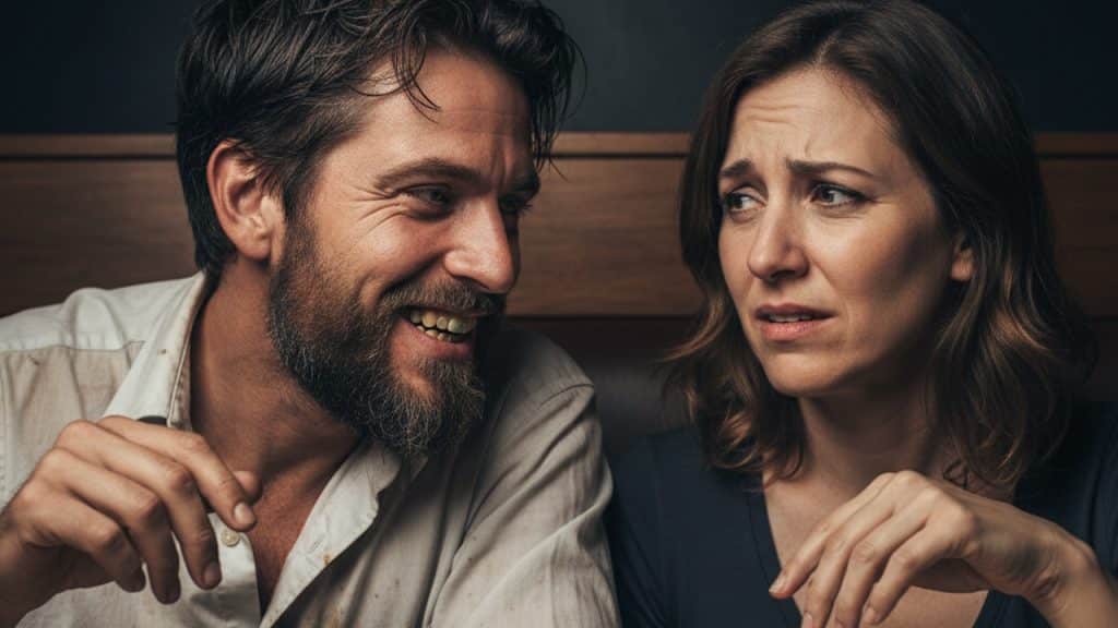 A visibly unhygienic man with a stained shirt and messy beard smiles widely at his female date.