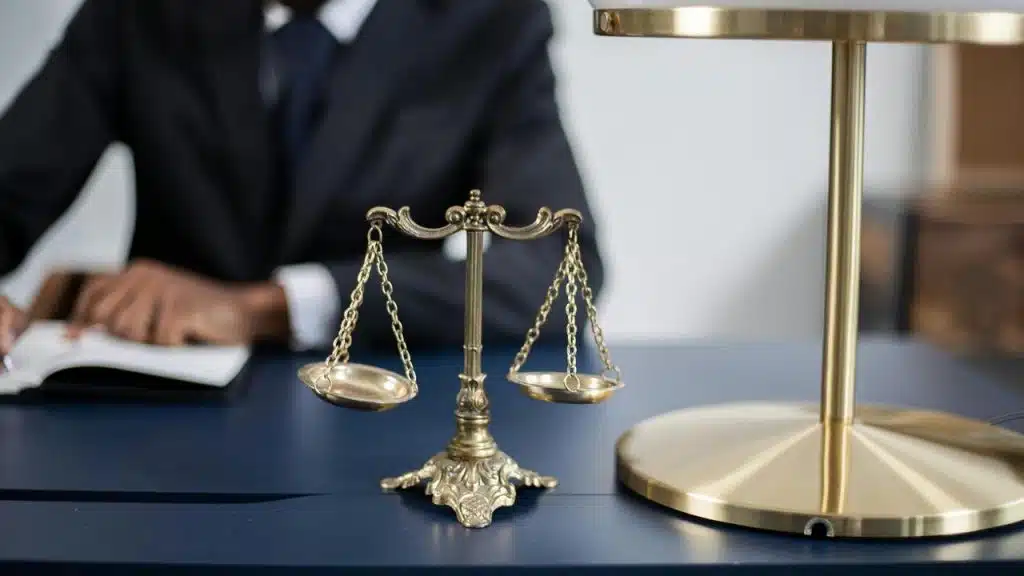 A brass balance scale on a desk with a person in a suit writing in the background.