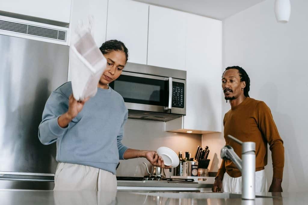 A man and woman talking 