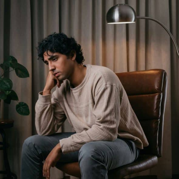A man looking sad because of his thoughts