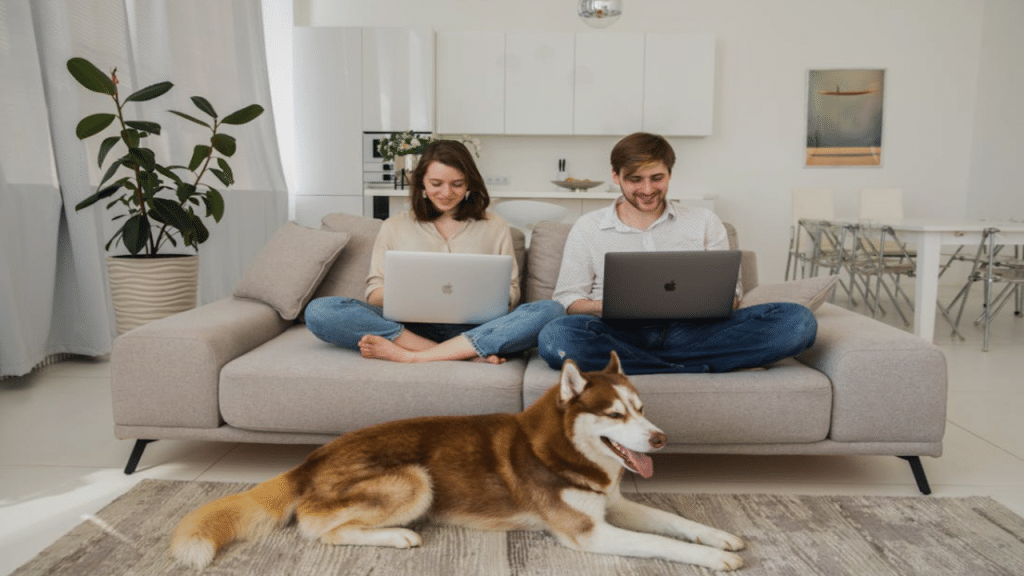 A couple working from home with their dog