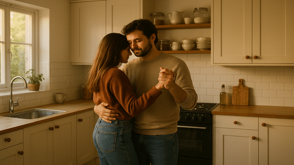 A couple slow dancing in the kitchen