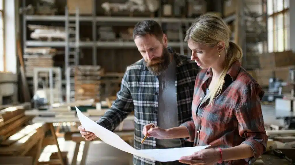Two carpenters or craftspeople, a man with a beard and a blonde woman, are standing in a workshop, examining a blueprint.