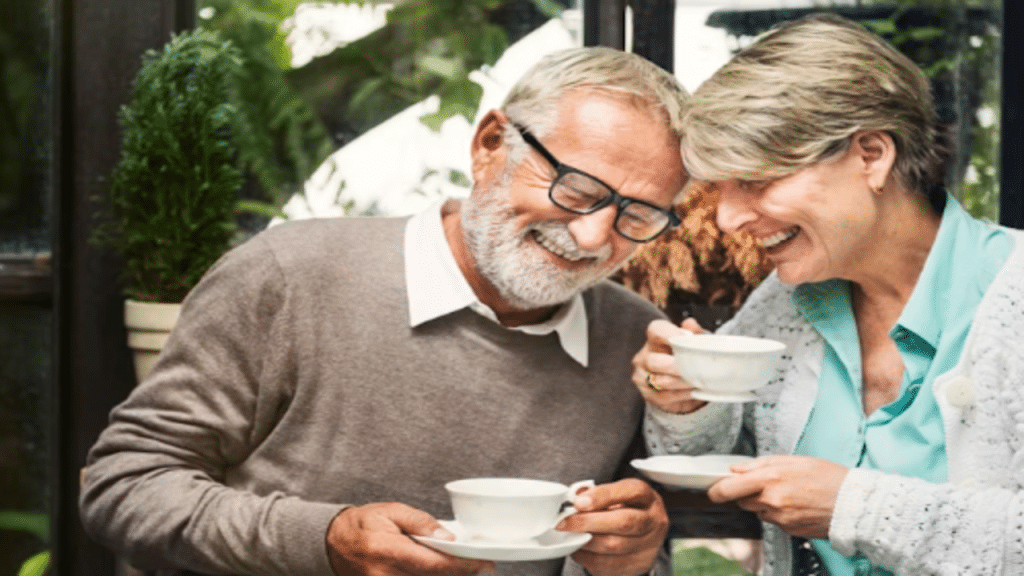 A mature couple laughing together