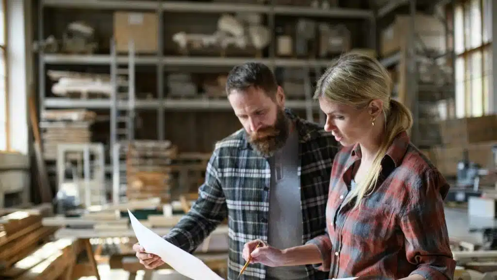 A man and a woman looking at a map while working in a construction company.