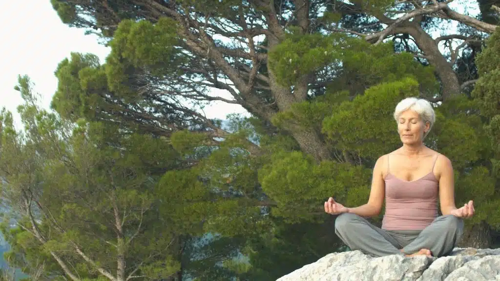 A woman with white hair meditates on a rock, surrounded by trees.