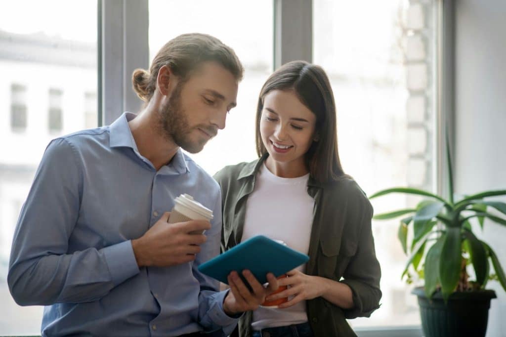 A man and woman talking