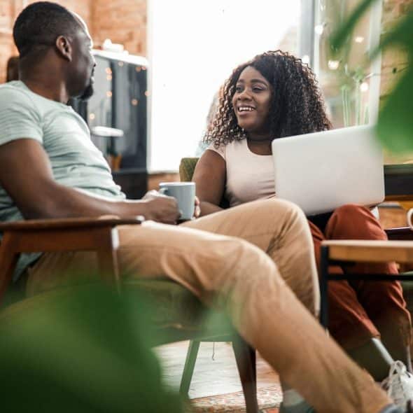 A man and woman talking