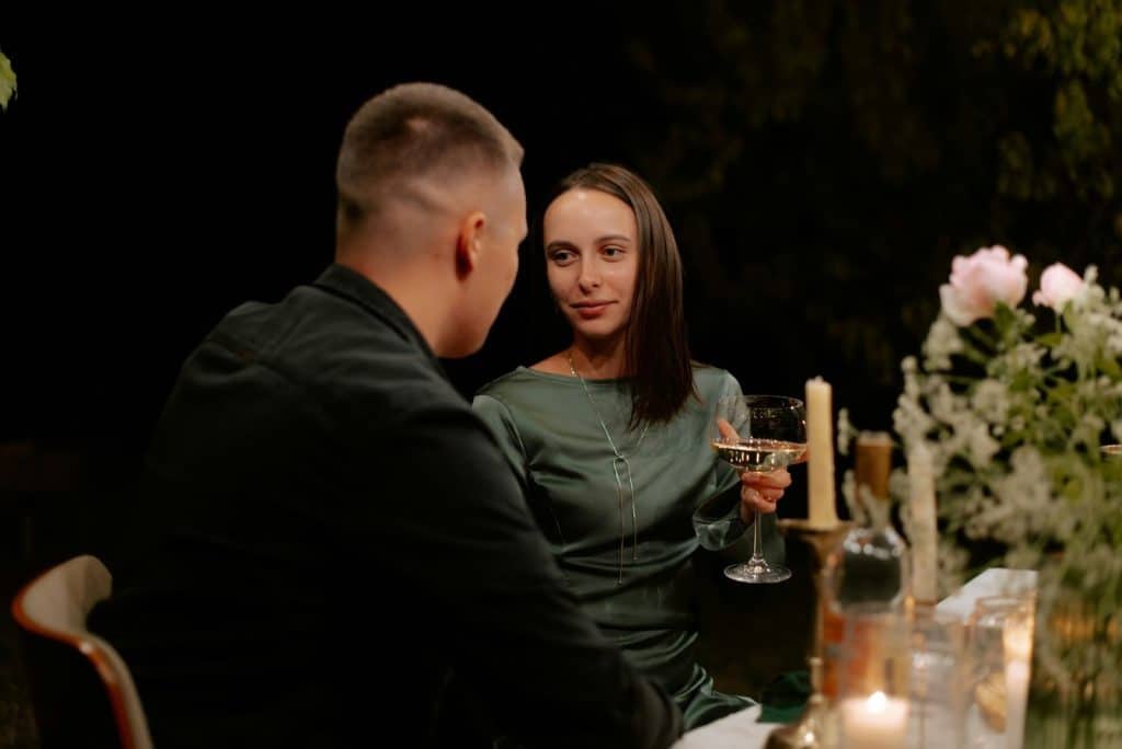 A man and woman looking at each other