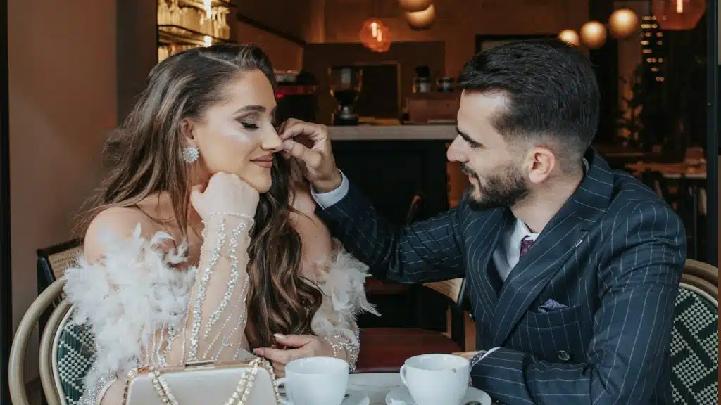 A couple enjoying coffee at a restaurant.