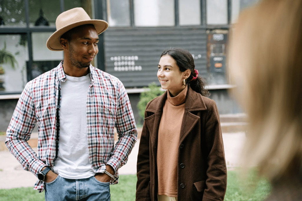 A man and a woman looking at each other