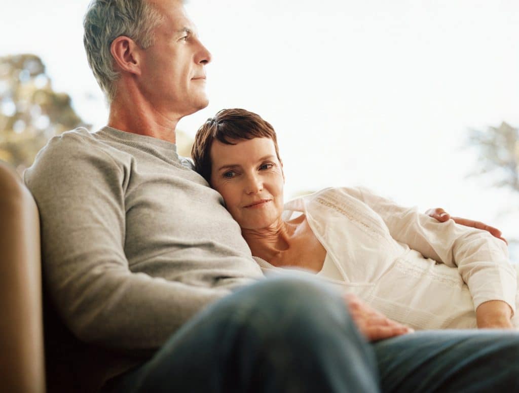 A mature couple sitting on a couch.