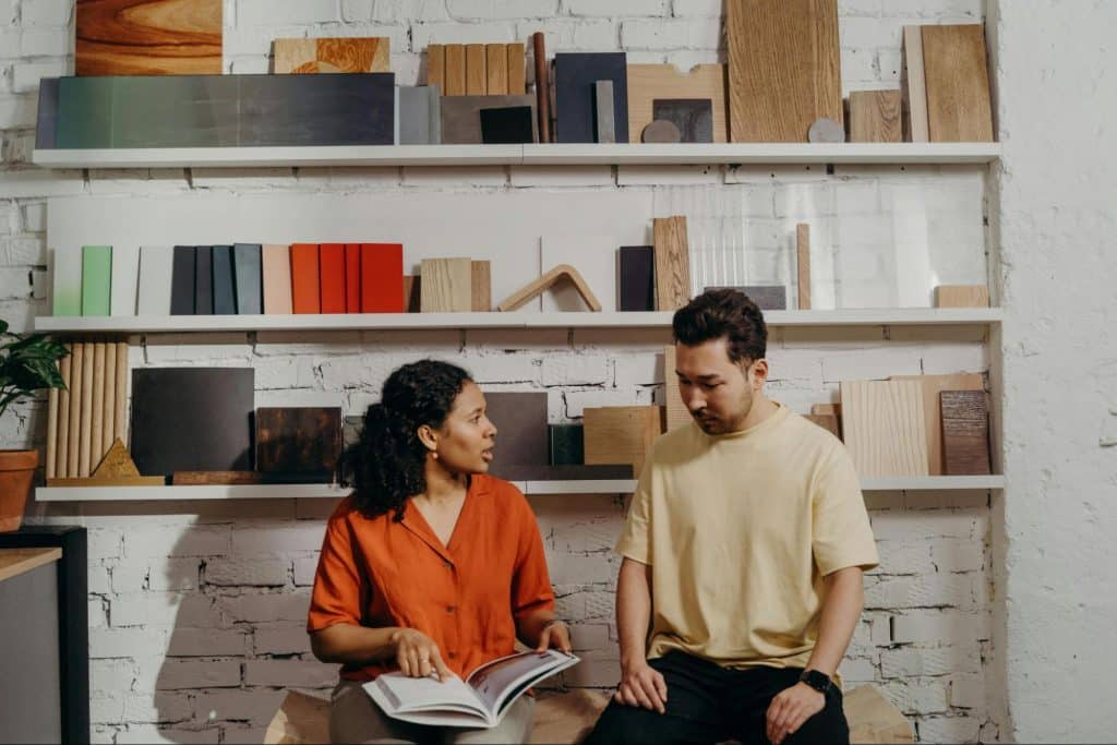 A man and woman talking