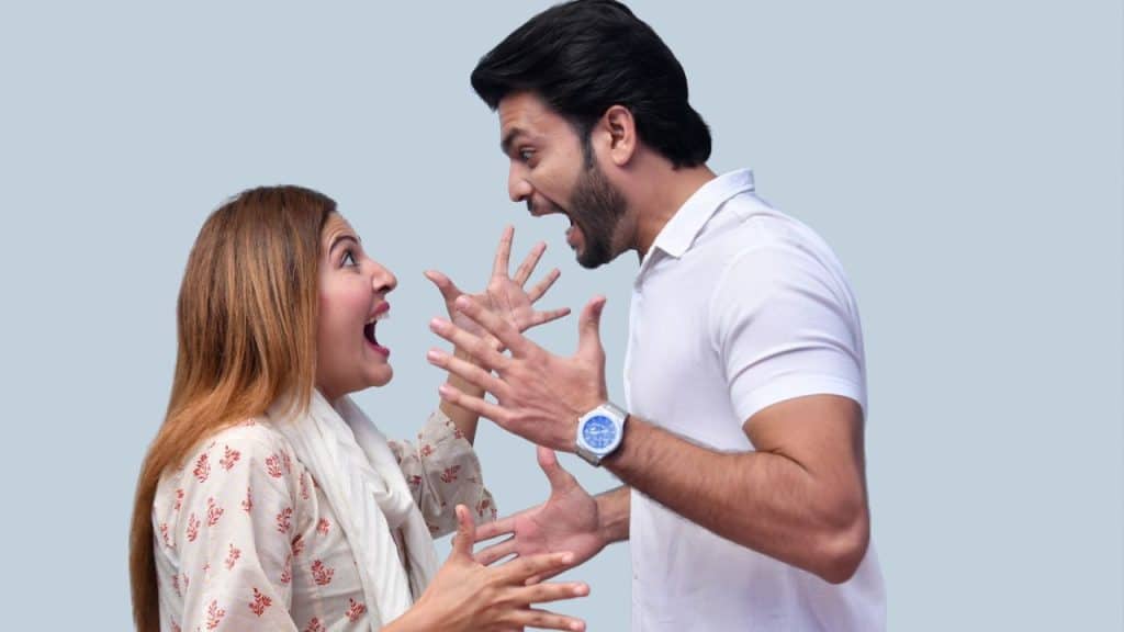 A man and woman face each other, yelling intensely with their hands raised in argument.