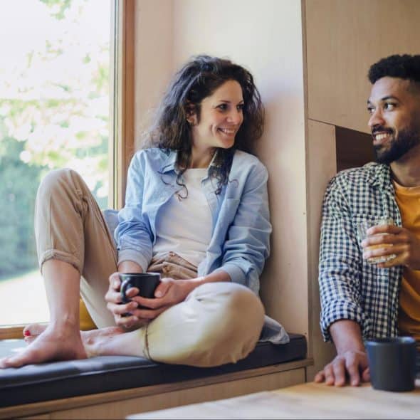 A man and woman talking