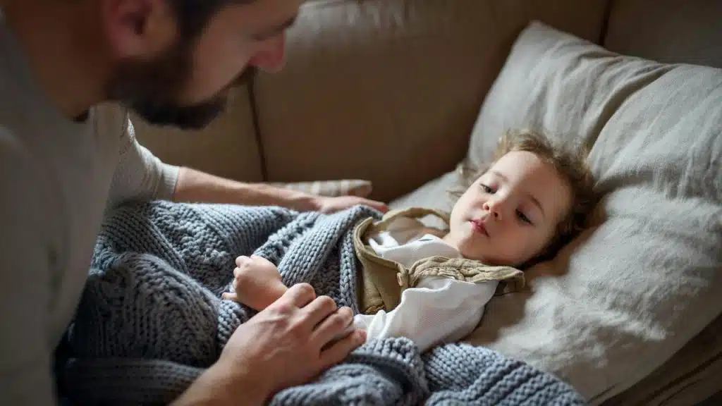 A person tucking a young child under a blanket.