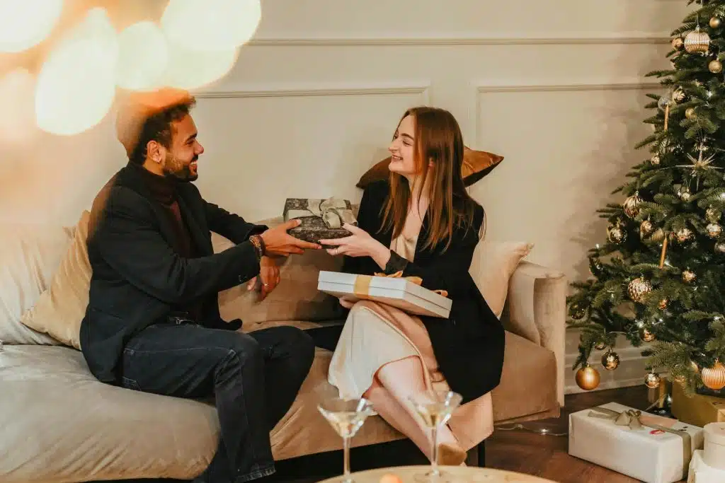 A couple exchanging gifts.