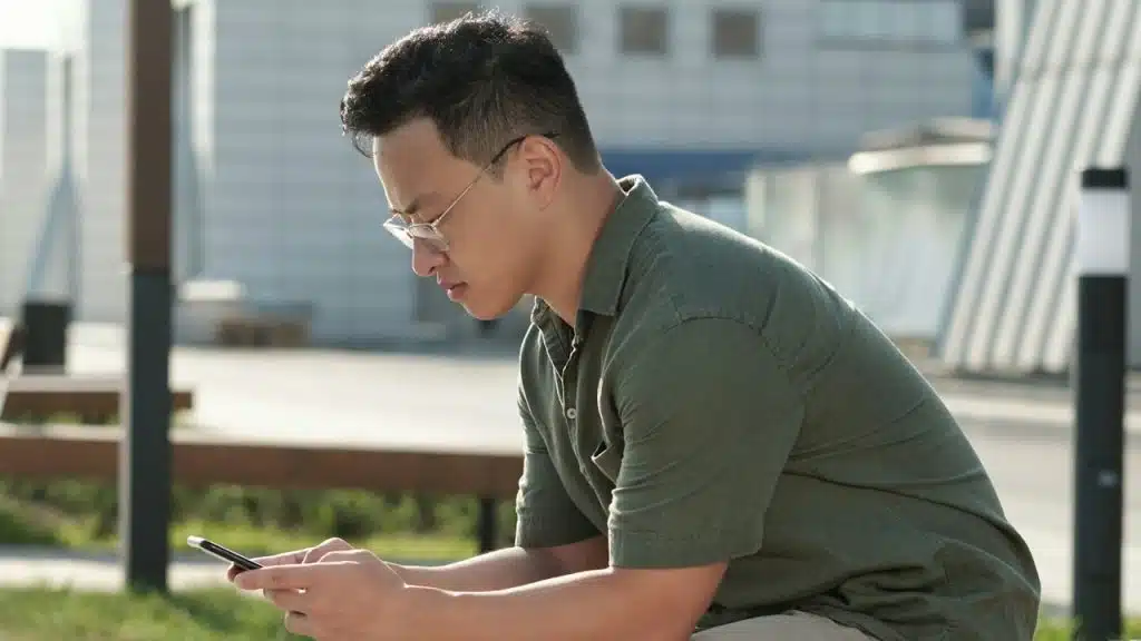 A man wearing glasses sitting on a bench outdoors and texting on his phone.