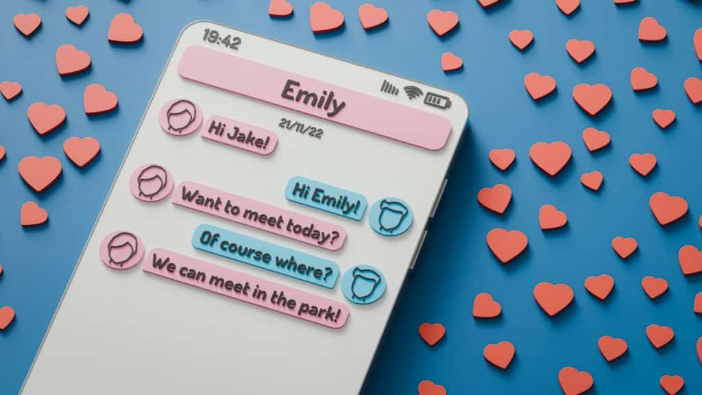 A cell phone with a chat and a bunch of hearts in the background.