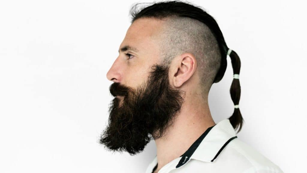 Side profile of a man with a long beard and a long ponytail hairstyle on white background.