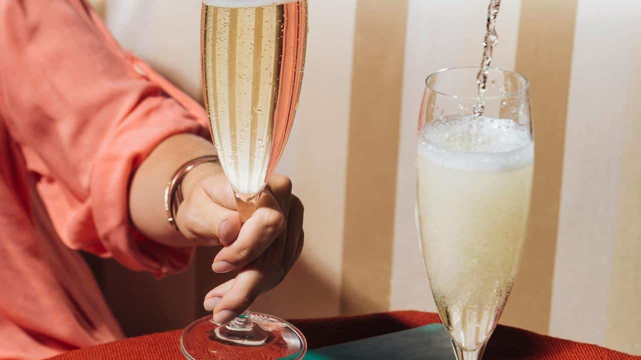 A close-up of two people clinking wine glasses.