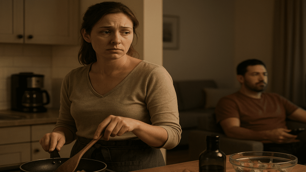 A sad woman looking at her husband