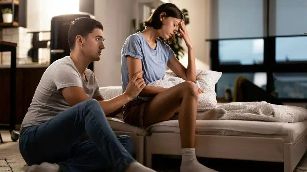 A man touches a distressed woman's shoulder while sitting on the floor by the bed.