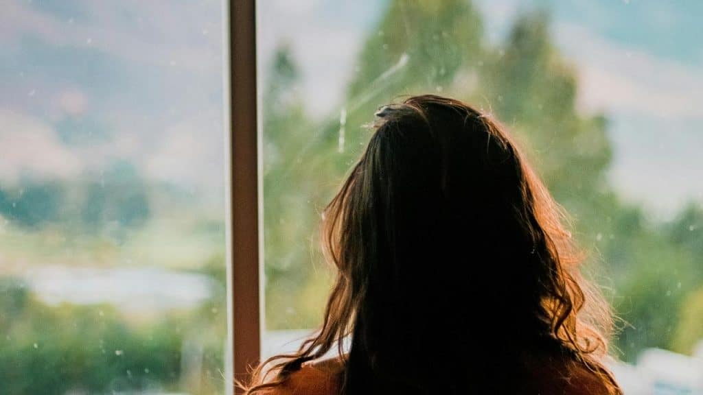 A woman looking out a window at a blurred outdoor landscape.