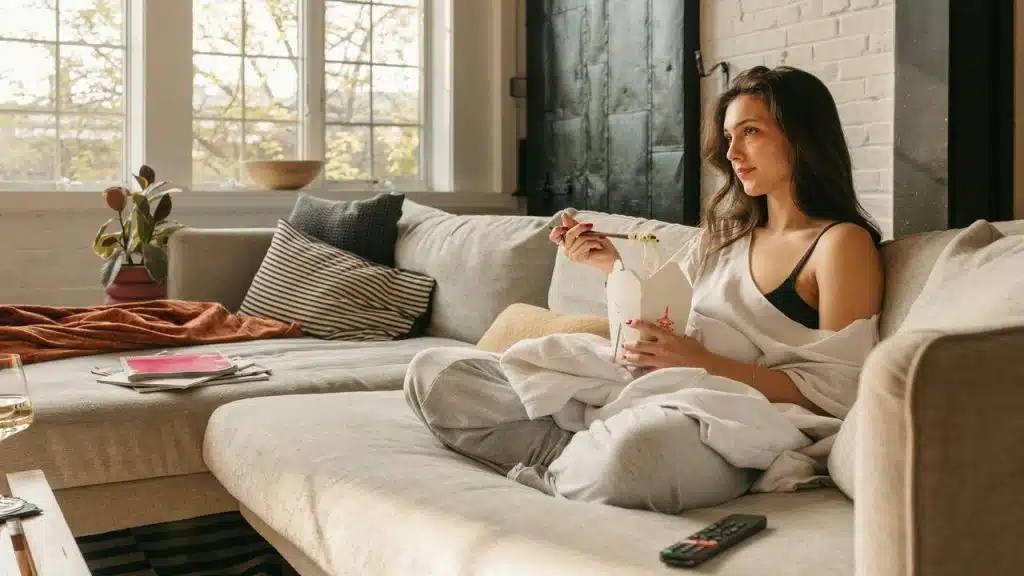 A woman sitting on a couch eating takeout noodles.