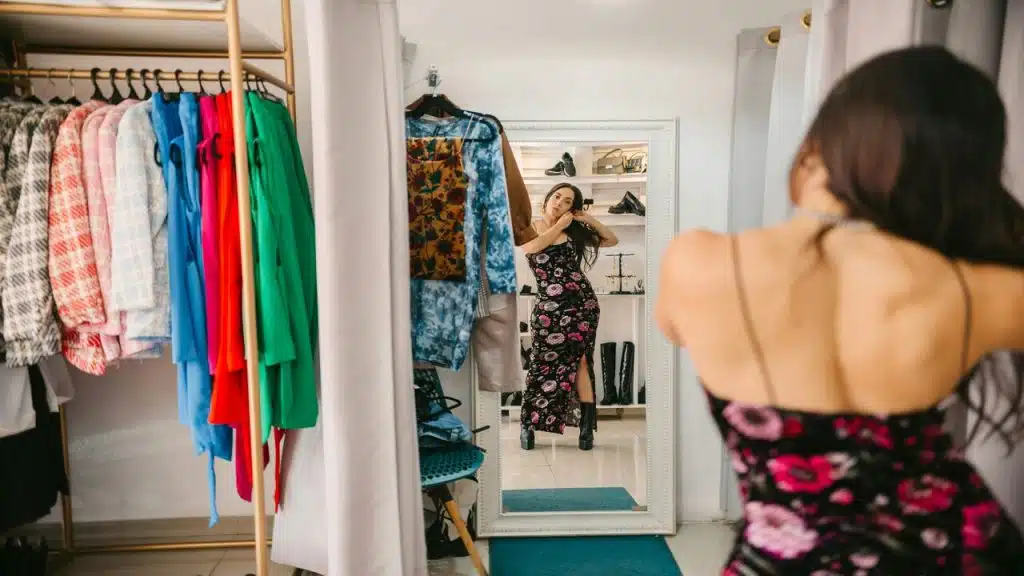 A woman trying on clothes