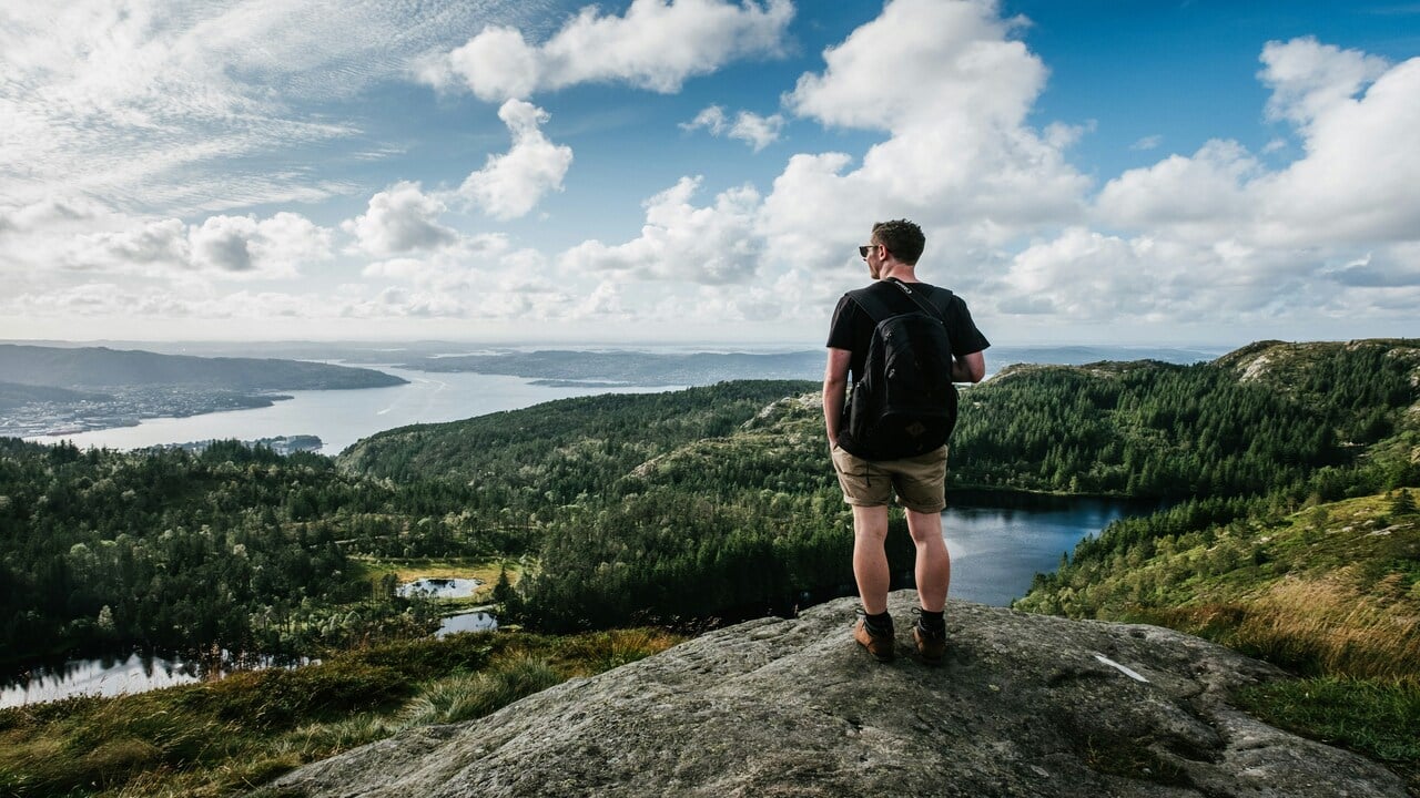 A man hiking by himself 