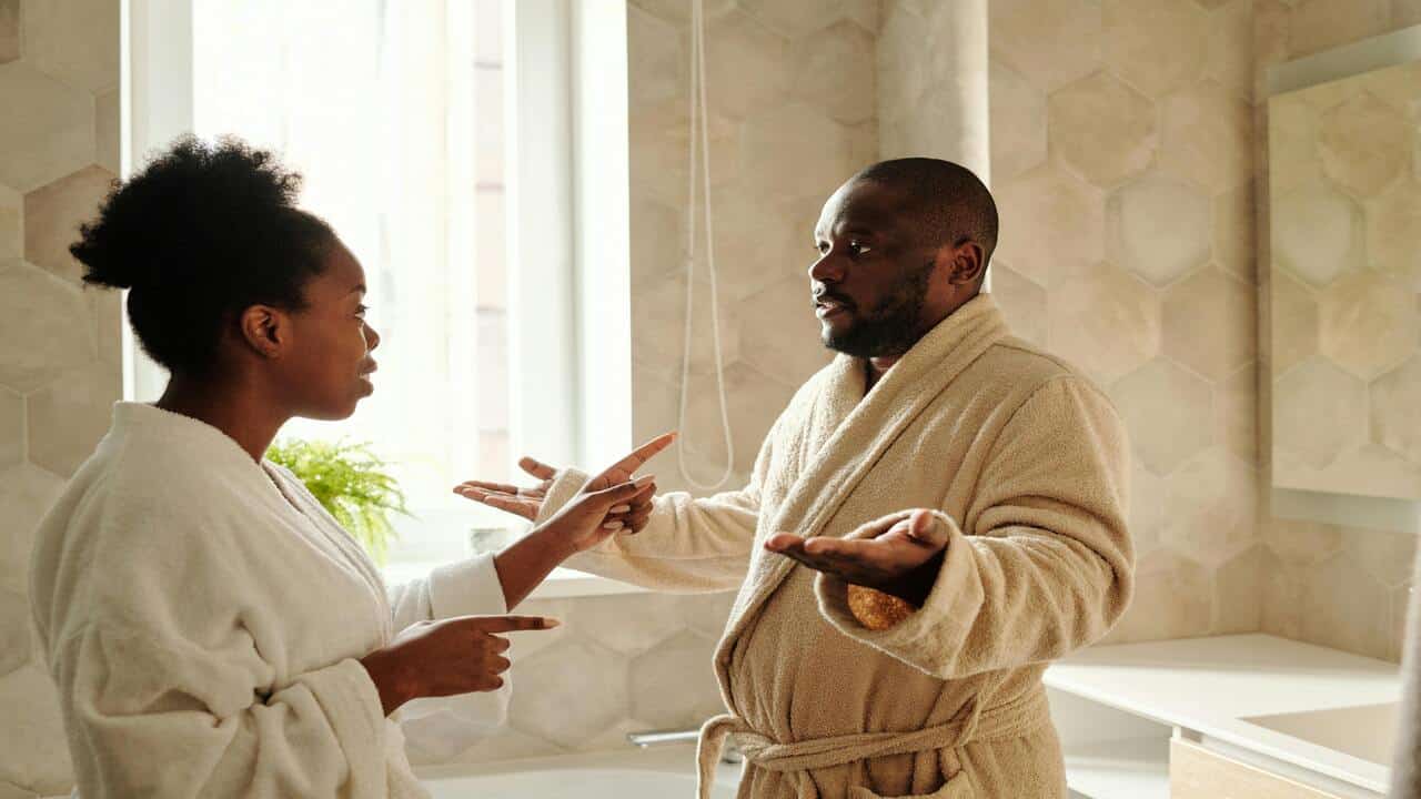 A couple arguing in the bathroom