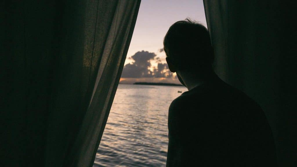 A person standing between curtains looking out at a sunset over the water.