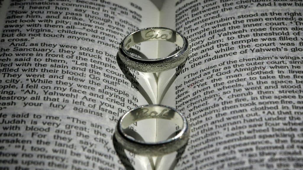 A couple of wedding rings resting on an open contract.
